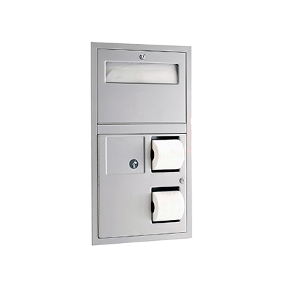 Recessed Seat-Cover Dispenser, Sanitary Napkin Disposal and Toilet Tissue Dispenser