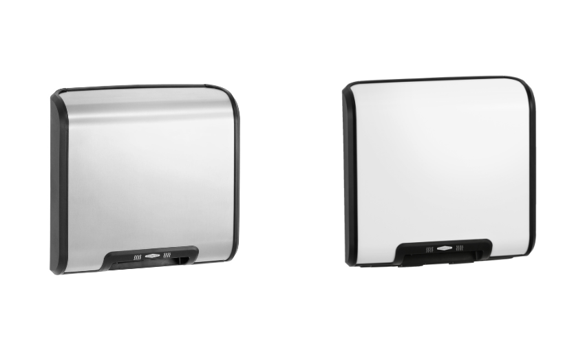 The B-7128 (left) or B-7120 (right) TrimDry™ Surface-Mounted Automatic Hand Dryers are ADA compliant and available in satin-finish stainless steel or white.