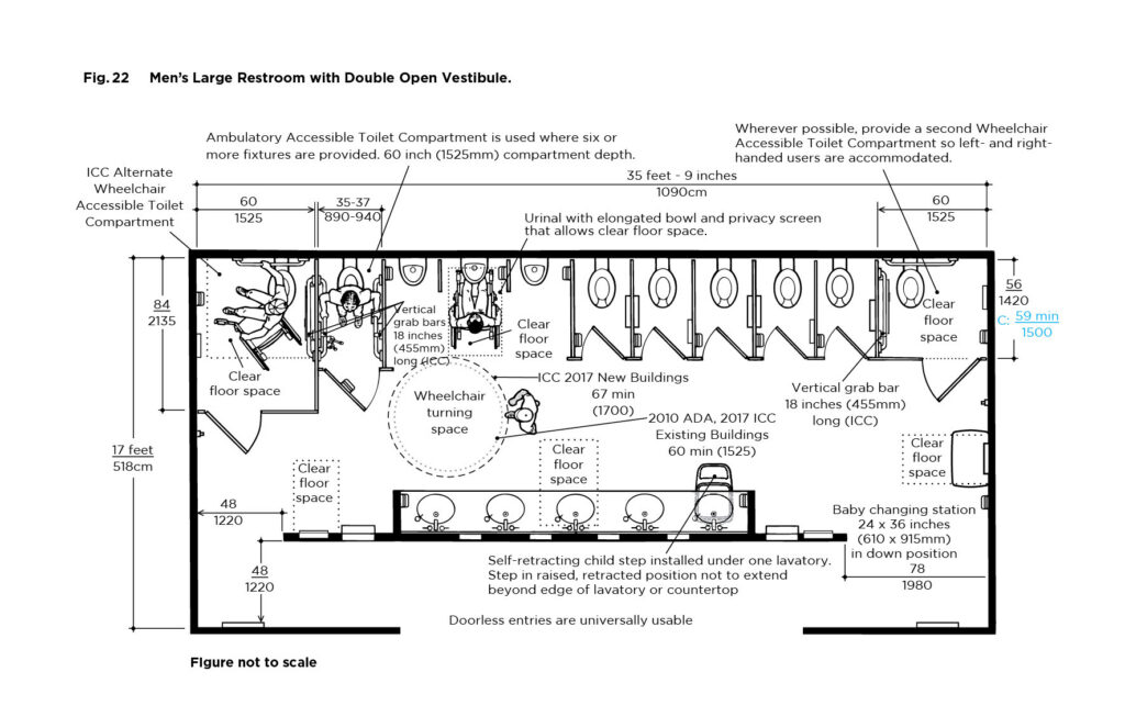 A black and white diagram of a men's large restroom with double open vestibule showing ADA compliant dimensions.