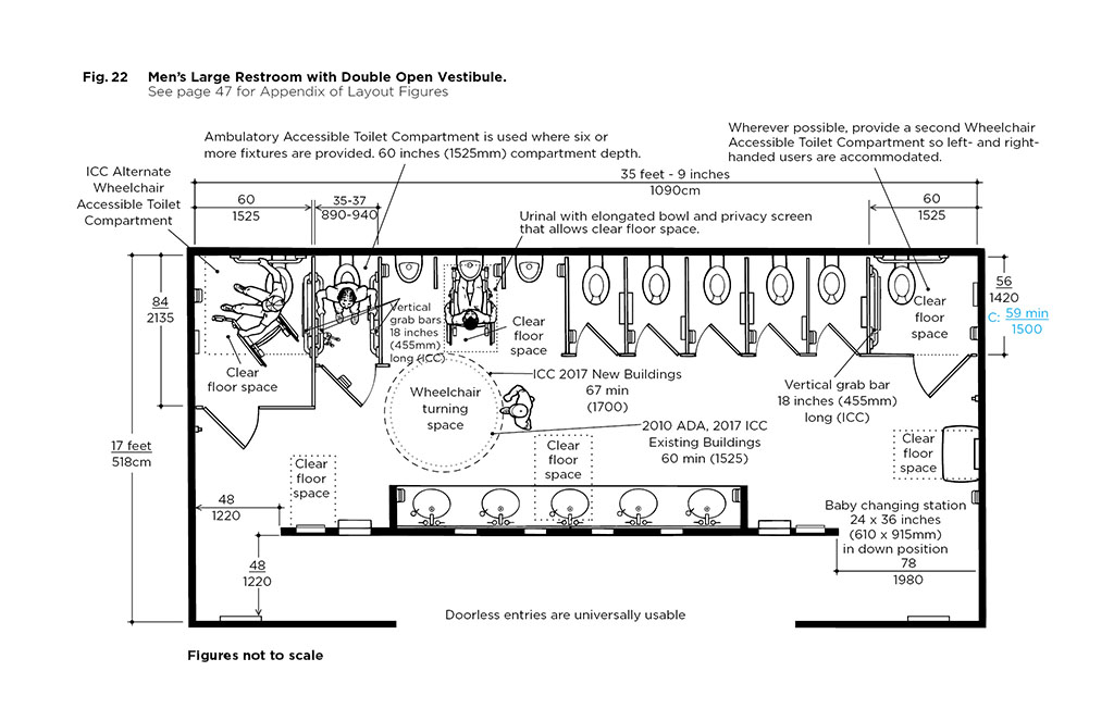 A black and white diagram of a men's large restroom with double open vestibule showing ADA compliant dimensions.