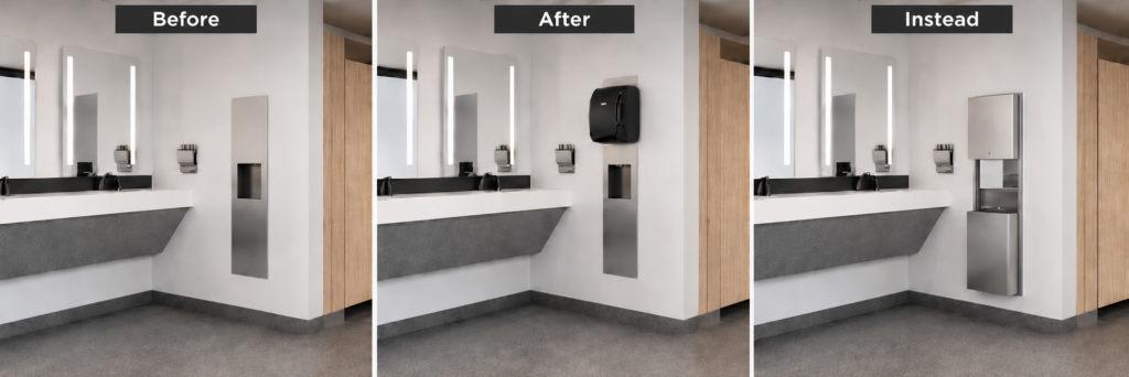 Side-by-side images of the same restroom showing different paper towel dispensers above the paper towel receptacle.