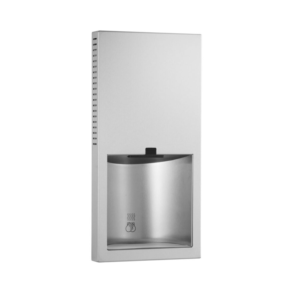 B-3725 Recessed Automatic Hand Dryer, ADA compliant and part of the QuietDry™ Series and TrimLine Series, features a satin finish and delivers a 17-second dry time at just 70 dBA.