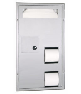 Partition-Mounted Seat-Cover Dispenser, Sanitary Napkin Disposal and Toilet Tissue Dispenser Image