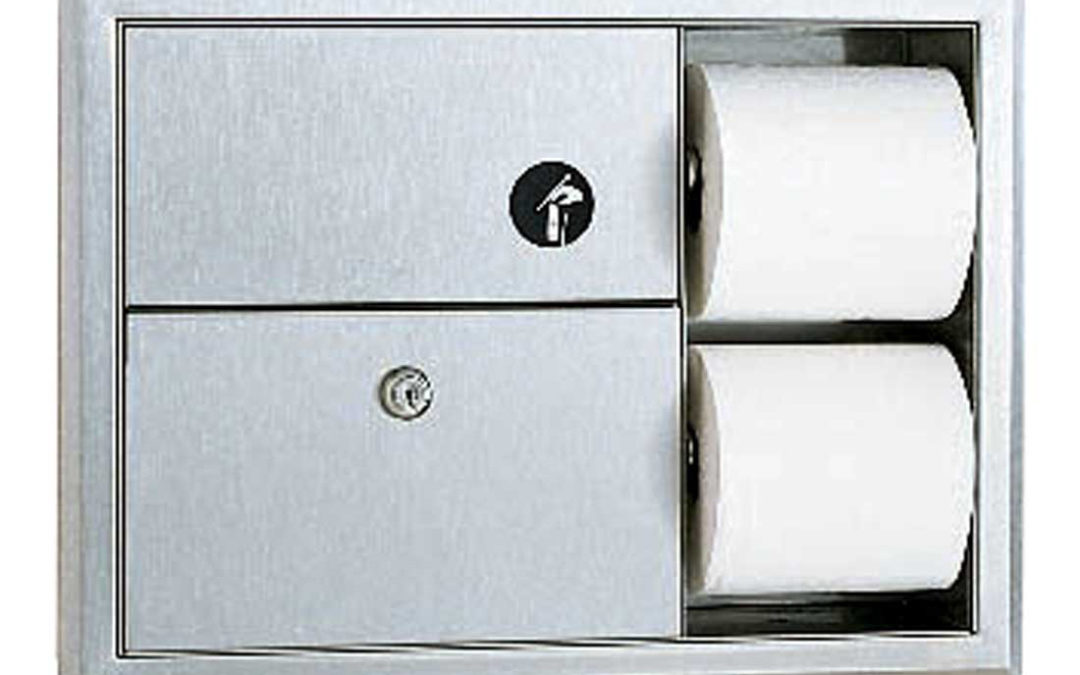 Recessed Sanitary Napkin Disposal and Toilet Tissue Dispenser
