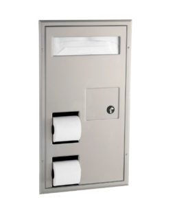 Partition-Mounted, Seat-Cover Dispenser, Sanitary Napkin Disposal and Toilet Tissue Dispenser Image