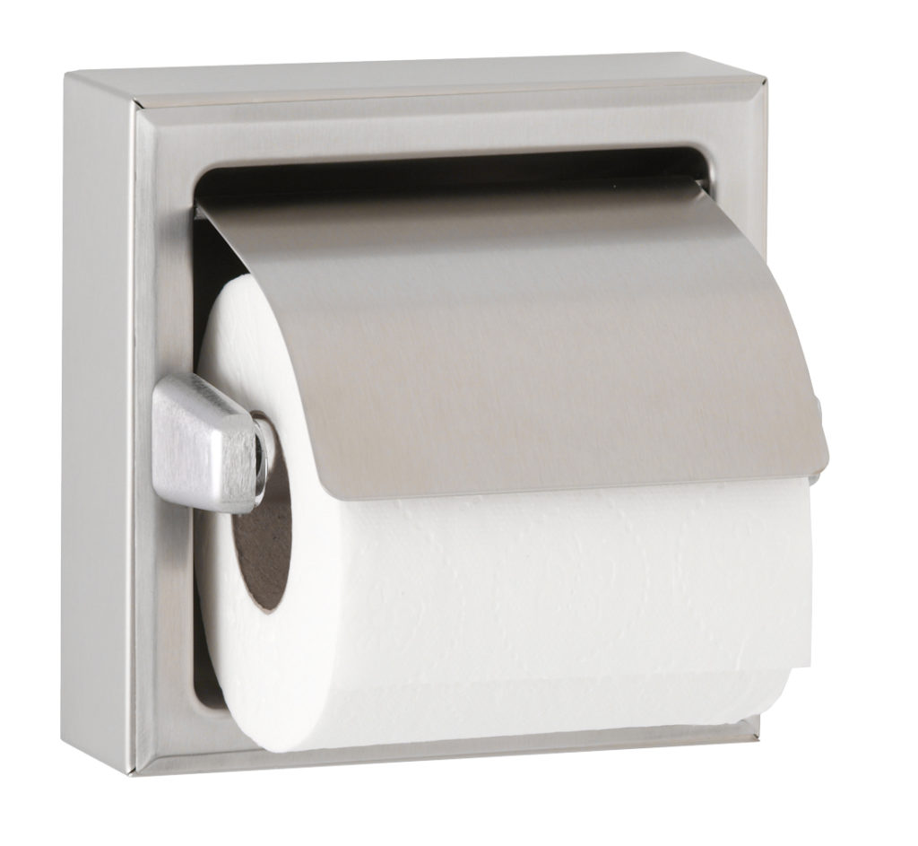 Bobrick 69997 304 Stainless Steel Surface Mounted Double Roll Toilet Tissue Dispenser with Hood 12-3//8 Width x 6-3//16 Height Satin Finish